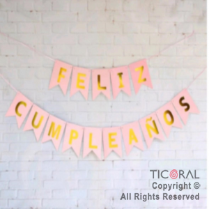 BANDERIN FELIZ CUMPLEA�OS PARTY ROSA PASTEL CON STAMPING x 1